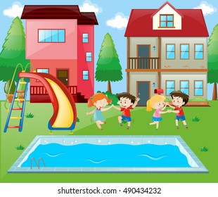 Many children playing by the poolside illustration