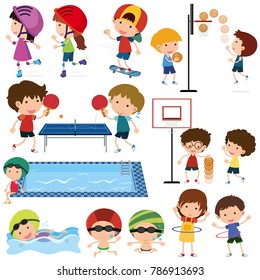 Many children playing different sports illustration