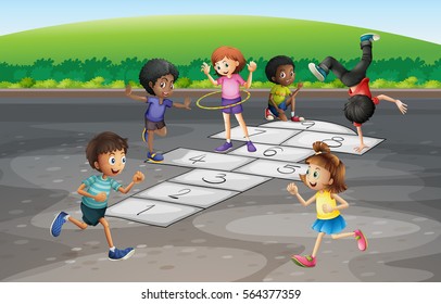 Many children playing hopscotch in the park illustration