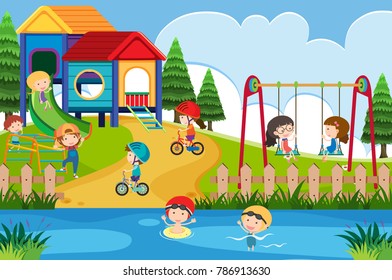 Many children playing in the playground at day time illustration