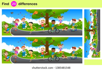 Many Children Playing In Summer Park. Find 20 Differences. Educational Game For Children. Cartoon Vector Illustration. 