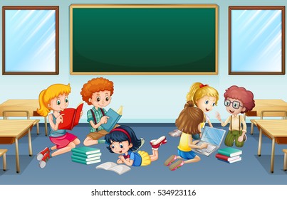 Many Children Reading And Working In Group At School Illustration