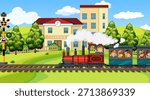 Many children riding on the train Infront of school