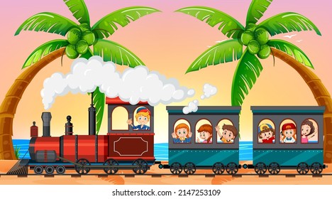 Viele Kinder fahren mit dem Zug bei Sonnenuntergang