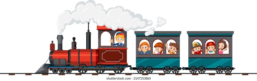 Many children riding on the train illustration