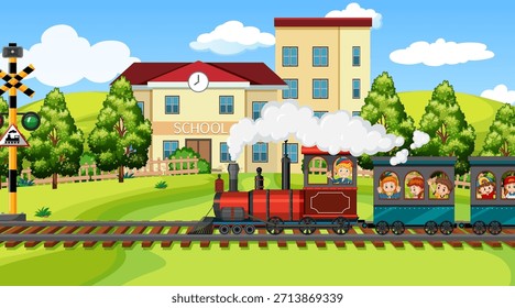 Many children riding on the train Infront of school