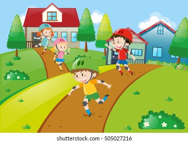Many children skating in neighborhood illustration