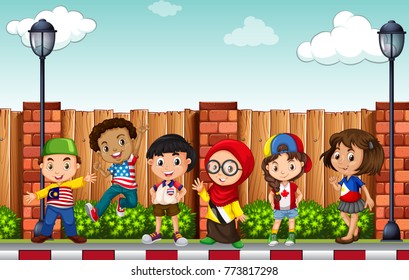 Many children standing on pavement illustration