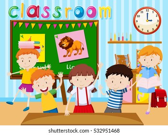 Many children study in classroom illustration