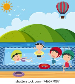 Many children in the swimming pool illustration