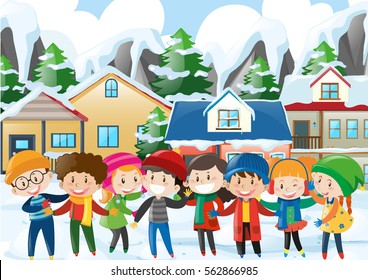 Many children in winter illustration