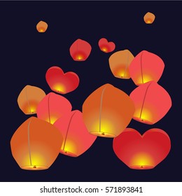 Many Chinese traditional paper lantern. Colorful lights upon night sky. Flat vector stock illustration