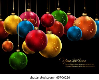 Many Christmas Balls with Shiny Water Drops | Vector Background