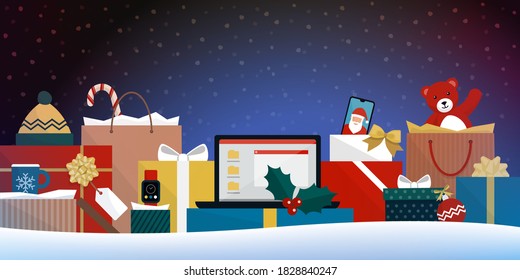 Many Christmas gifts and shopping bags under the snow: promotional Christmas shopping sale 