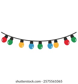 Many Christmas Lights Hanging From a String on a White Background.
