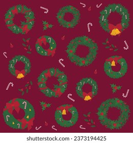 Many Christmas wreaths on red background. Pattern for design