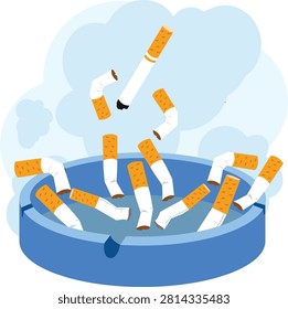 Many cigarettes and stubs falling down into blue ashtray background.