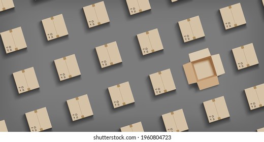 Many closed cardboard boxes and one open. Delivery of goods concept. Vector background.