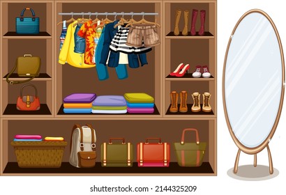 Many clothes and bags in the wardrobe illustration