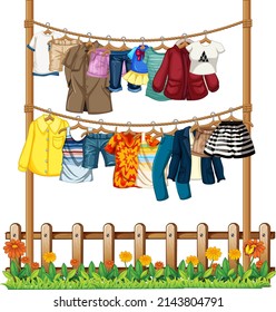 Many Clothes Hanging On Clothesline Illustration