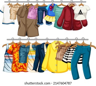 Many clothes hanging on clothesline illustration