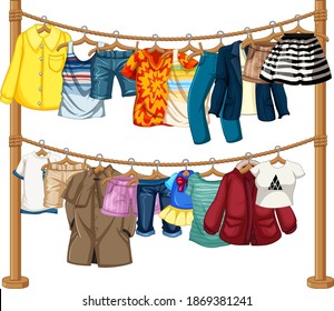 Many clothes hanging on a line on white background illustration