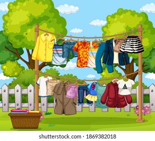 Many clothes hanging on a line outside the house scene illustration