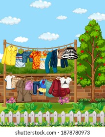 Many clothes hanging on a line outside the house scene illustration