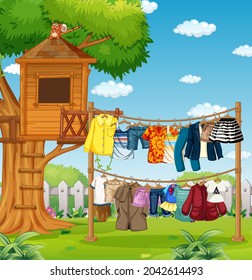 Many clothes hanging on a line outside the house illustration