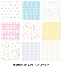 Many clouds, rainbows, brushstrokes, pluses, half circles, squares, curves. Vector seamless surface pattern set in scandinavian style. Yellow, blue, pink, purple. For printing on fabric or paper.
