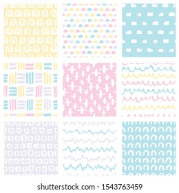 Many clouds, rainbows, brushstrokes, pluses, half circles, squares, curves. Vector seamless surface pattern set in scandinavian style. Yellow, blue, pink, purple. For printing on fabric or paper.
