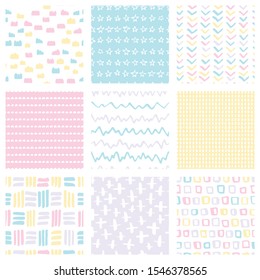 Many clouds, rainbows, brushstrokes, pluses, half circles, squares, curves. Vector seamless surface pattern set in scandinavian style. Yellow, blue, pink, purple. For printing on fabric or paper.
