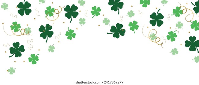 Many clover leaves and confetti on white background with space f