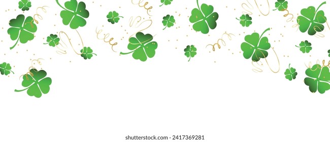 Many clover leaves and confetti on white background with space f