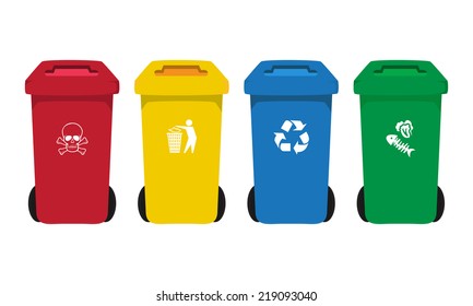 many color  bins set with waste icon, illustration of waste management concept