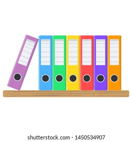 Many color document folders on wooden shelf for design on white, stock vector illustration