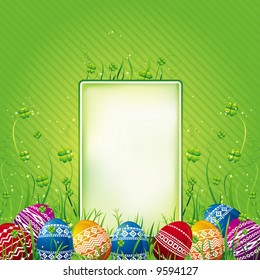 many color easter eggs over green  background