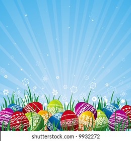 many color easter eggs over blue  background