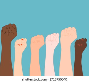 Many color Fist hands rise up in the air in the blue background. Empowering, Labor day, humans right, fight concept. 