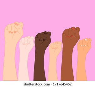 Many color Fist woman hands rise up in the air in the pink background. Empowering, Labor day, humans right, fight concept. 