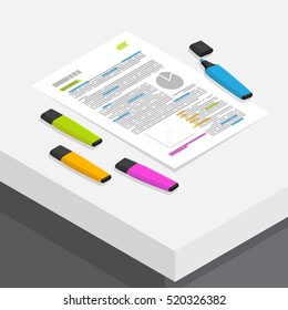 many color marker mark on text in education business document on white working desk