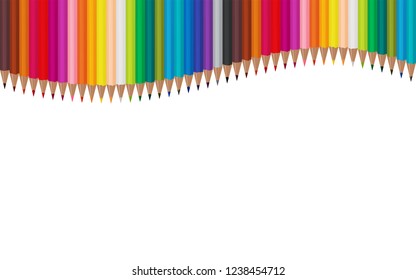 Many color pencils arranged in waves on a white background. Vector illustration