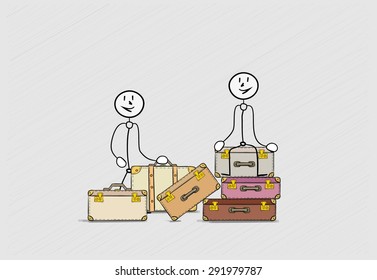 many color suitcases with two persons waiting for travel
