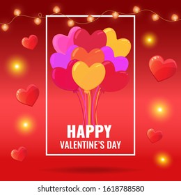 Many colored balls in a frame on a red gradient background with hearts on the sides and a garland on the top. Vector image for advertising, web banner, printing.