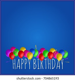Many colored balls with highlights and ribbons. Happy Birthday card. Vector illustration on blue background.