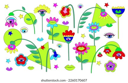 Many colored bright retro floral set. Cartoon vintage 80s herbs and chamomiles with eyes and lips isolated flowers for greeting card or holiday frame and pattern