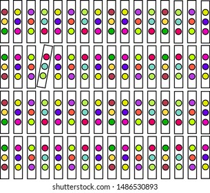 Many colored circles inside rectangles. Objects are arranged in vertical rows.