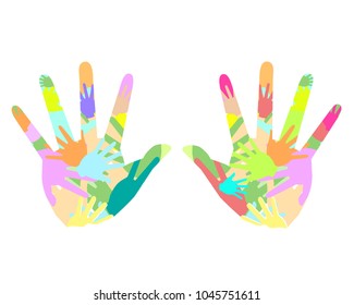 Many colored hands. Support group, child protection day. Caring and love 