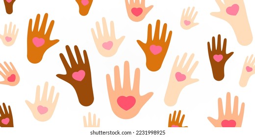 Muchas manos humanas coloreadas con ilustración de forma cardíaca