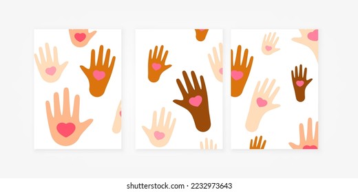 Muchas manos humanas coloreadas con ilustración de forma cardíaca